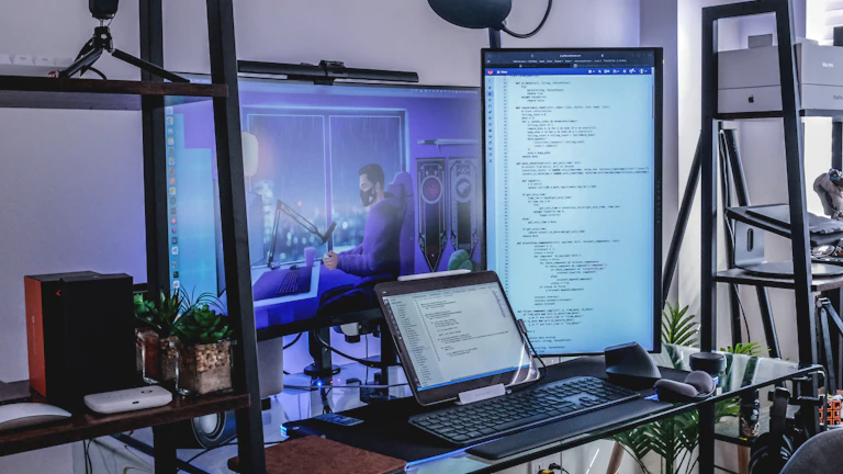 여러 개의 모니터 앞에서 집중하고 있는 트레이더