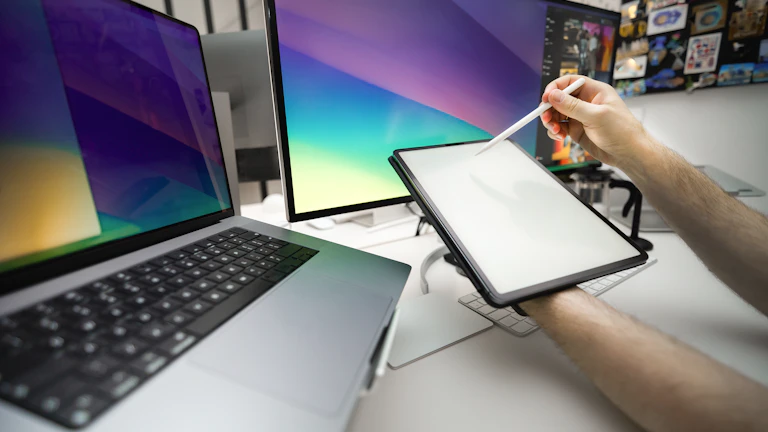 노트북으로 계산기를 사용하는 손