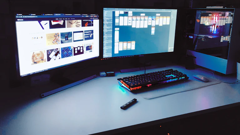 여러 모니터를 보고 있는 트레이더