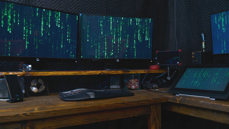 여러 대의 모니터가 있는 전문 트레이딩 컴퓨터 세팅