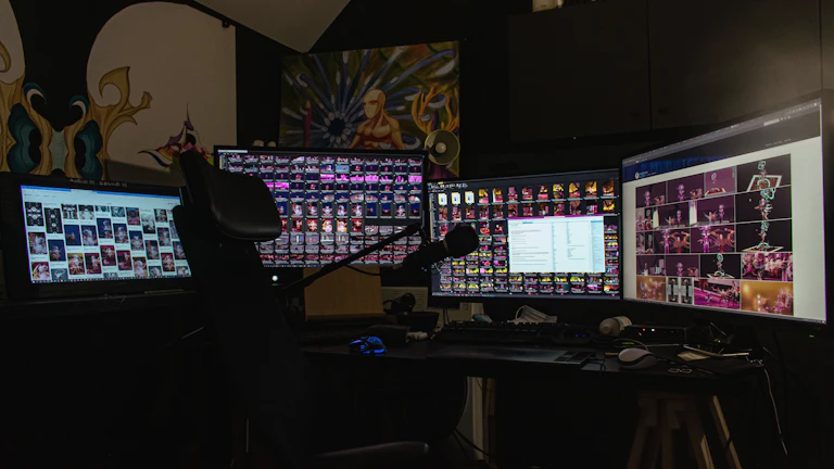 여러 모니터로 시장을 분석하는 트레이딩 데스크